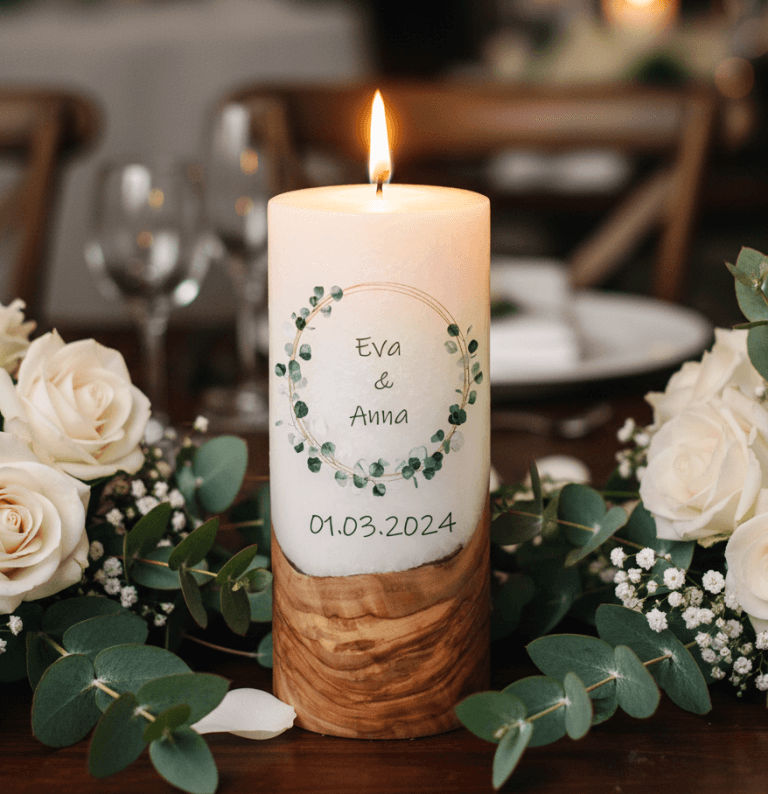 "Eukalyptus Kranz" 25 cm Hochzeitskerze mit Holzelement