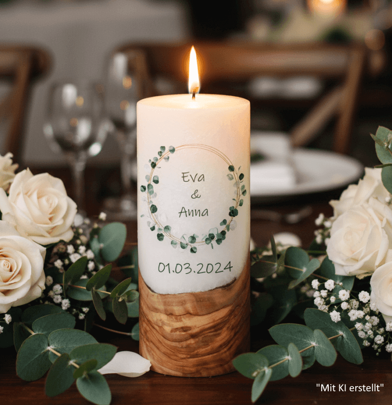 "Eukalyptus Kranz" 25 cm Hochzeitskerze mit Holzelement