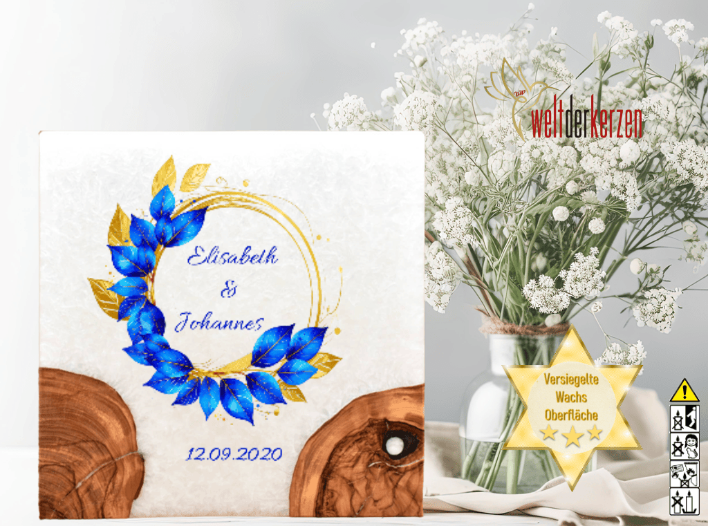 Hochzeitskerze "Eukalyptus Blau" mit 2 Holzelementen und 2 Teelichter 20 x 20 cm Hochzeitskerze "Eukalyptus Blau" mit 2 Holzelementen und 2 Teelichter 20 x 20 cm