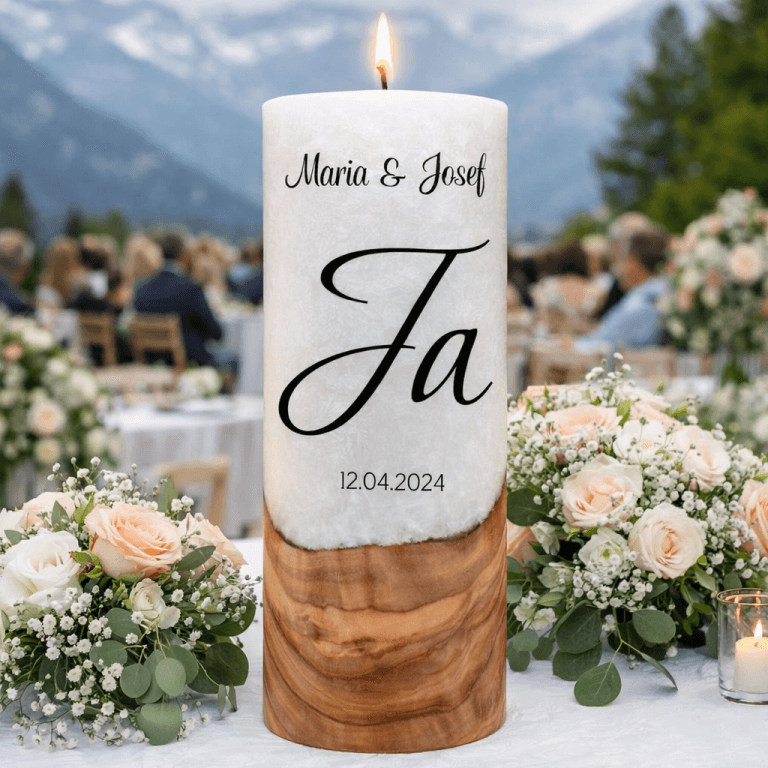 "Ja" Hochzeitskerze mit Holzelement 30 cm hoch