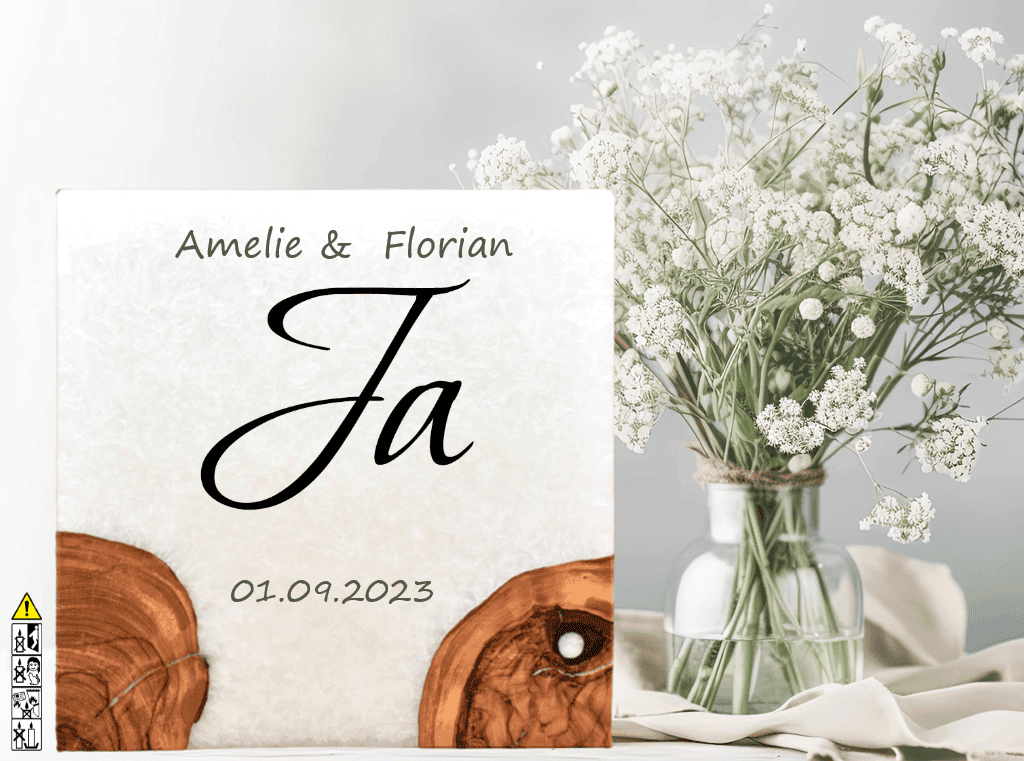 Hochzeitskerze mit Holzelement. Motiv: Ja günstig in unserem Onlineshop kaufen. Personalisierte Hochzeitskerze online kaufen