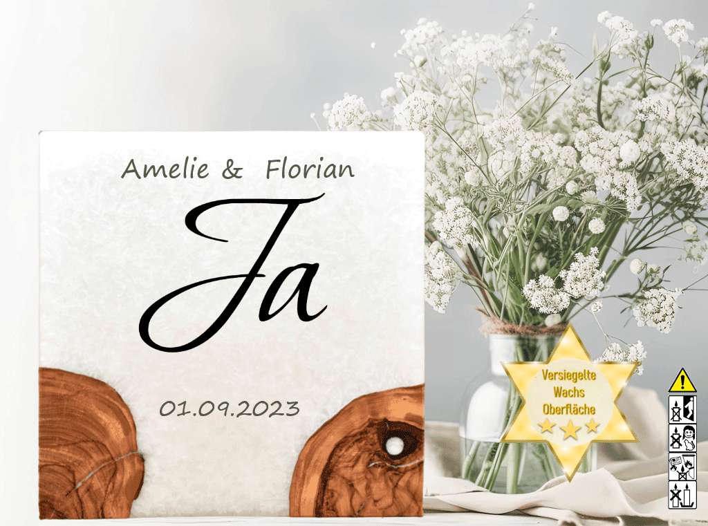 Hochzeitskerze mit Holzelement. Motiv: Ja Hochzeitskerze mit Holzelement. Motiv: Ja günstig in unserem Onlineshop kaufen. Personalisierte Hochzeitskerze online kaufen