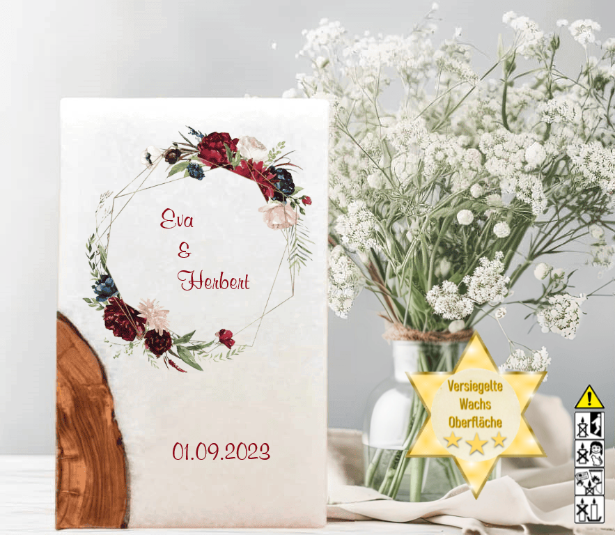 Hochzeitskerze mit Holzelement. Motiv: Rosenkranz Hochzeitskerze mit Holzelement. Motiv: Rosenkranz günstig in unserem Onlineshop kaufen. Personalisierte Hochzeitskerze online kaufen