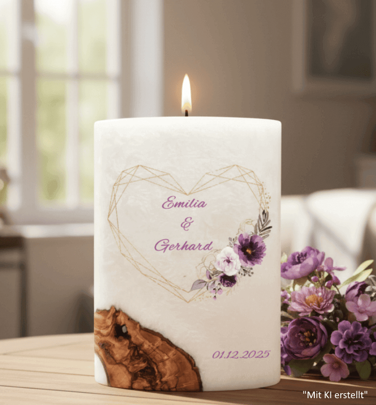 "Herz in Lila" Hochzeitskerze mit Holzelement 14 x 21 cm oval mit Teelicht oder Docht