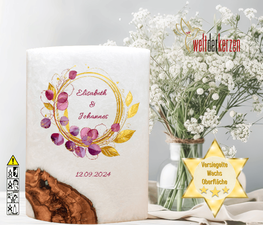 "Eukalyptus Bordaux" Hochzeitskerze mit Holzelement. 14 x 21 cm oval mit Teelicht oder Docht "Eukalyptus Bordaux" Hochzeitskerze mit Holzelement. 14 x 21 cm oval mit Teelicht oder Docht
