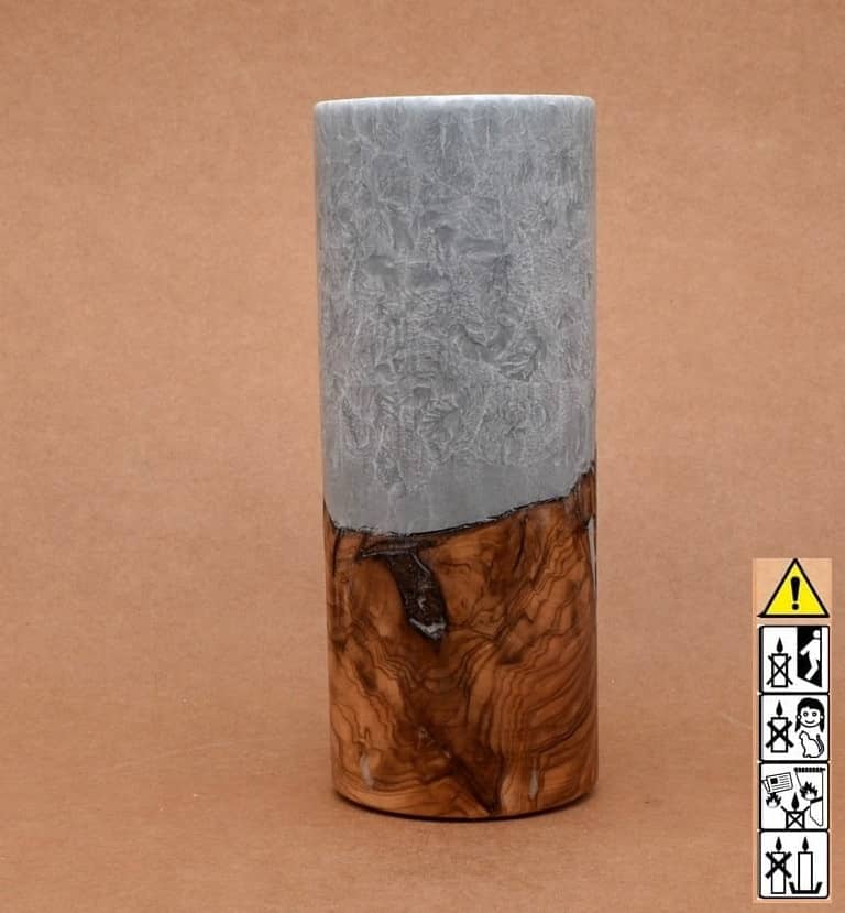 Kerze mit Holz Unikat Rund 80 x 200 mm mit Teelicht in silbergrau Nr.: 4