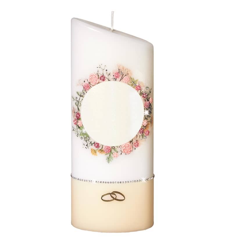 Hochwertige individuelle Hochzeitskerze für die Trauung Blumenkranz Elipse abgeschrägt hell 230 x 90/55 mm