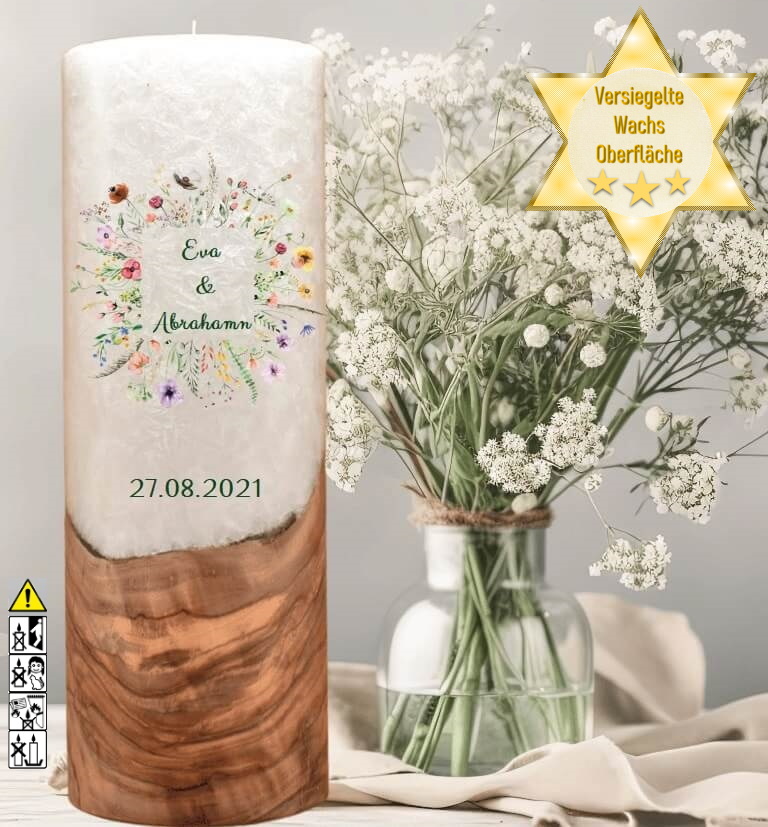 "Blumen Rahmen" Hochzeitskerze mit Holzelement 30 cm hoch "Blumen Rahmen" Hochzeitskerze mit Holzelement 30 cm hoch