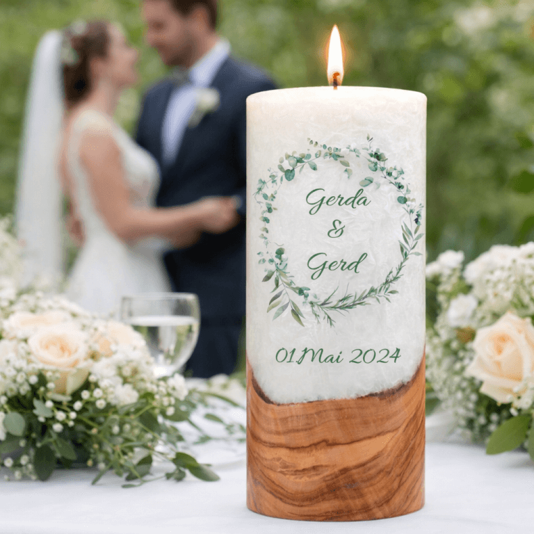 "Eukalyptuskranz 3" Hochzeitskerze mit Holzelement 30 cm hoch