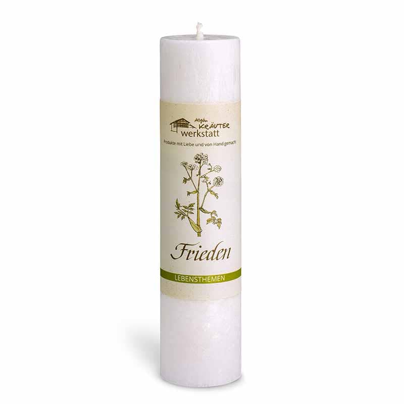 Allgäuer Heilkräuterkerze zum Thema Frieden in unserem Kerzen Online Shop kaufen. Als Geschenk für Sie oder Ihn. 100% Vegane Kerze. Hergestellt aus Olivenöl.