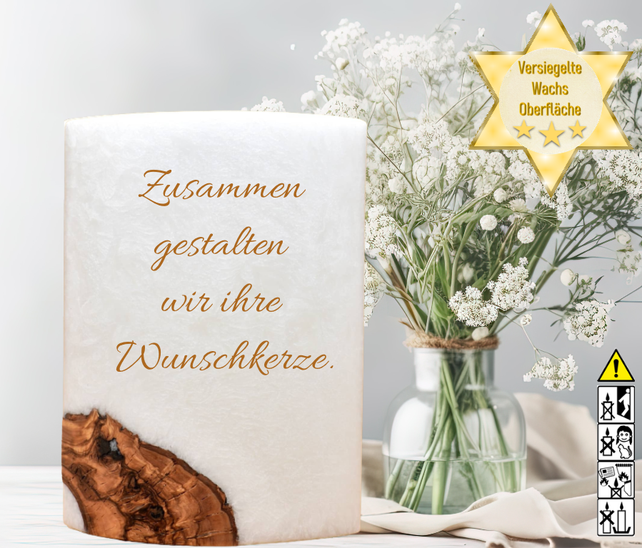 1 Docht Hochzeitskerze oval 14 x 21 cm mit Holzelement "selbst gestalten"