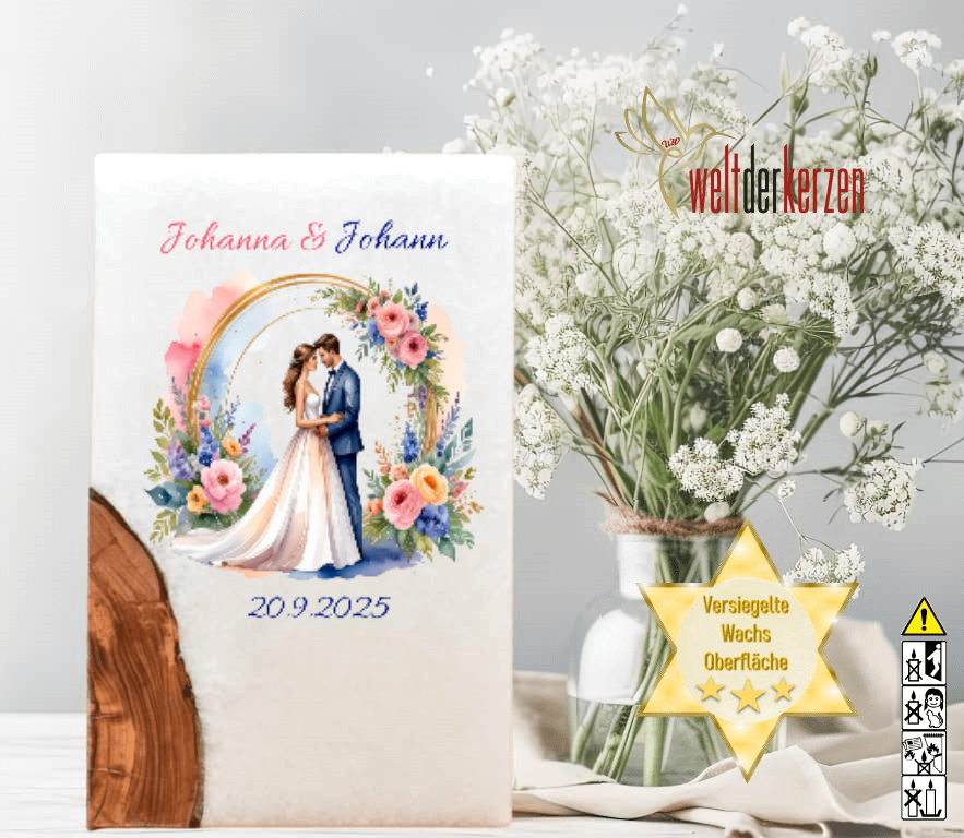 "Brautpaar im Rosenbogen" Hochzeitskerze mit Holz und 2 Teelichter 14 x 21 cm
