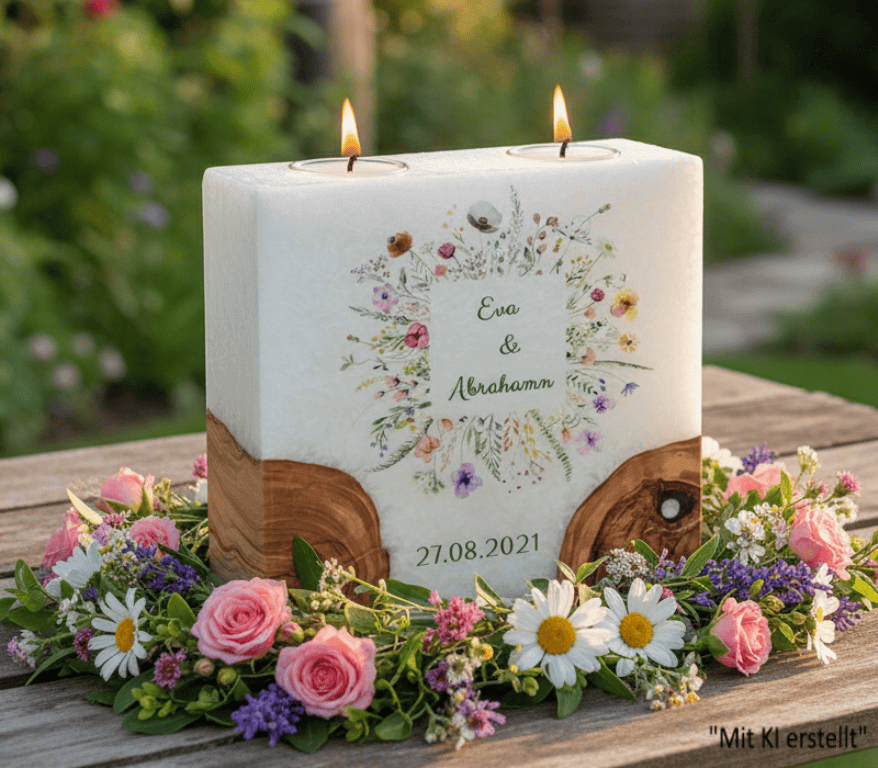 "Blumen Rahmen" Hochzeitskerze mit 2 Holzelementen und 2 Teelichter 20 x 20 cm