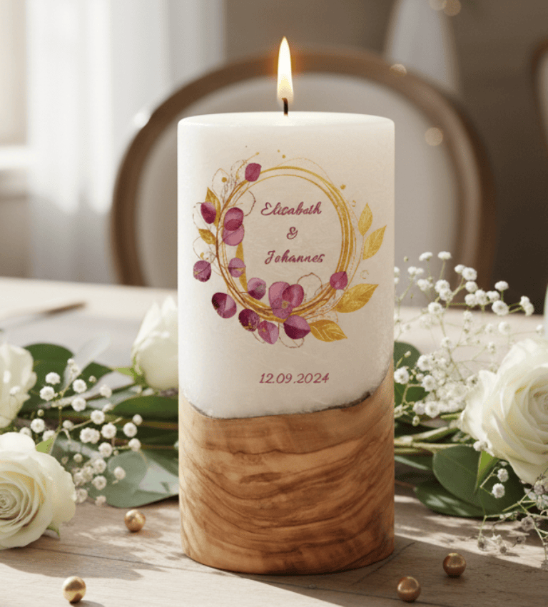 "Eukalyptus Bordaux" Hochzeitskerze mit Holzelement 20 cm hoch