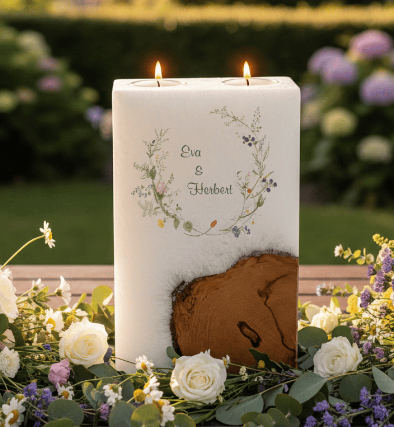 "Wiesenblumen" Hochzeitskerze mit Holz und 2 Teelichter 14 x 21 cm