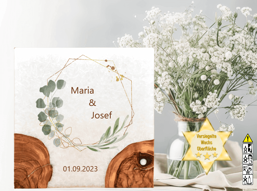 Hochzeitskerze mit Holzelement. Motiv: Olivenkranz günstig in unserem Onlineshop kaufen. Personalisierte Hochzeitskerze online kaufen