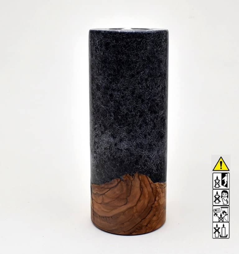Kerze mit Holz Unikat Rund 80 x 200 mm mit Teelicht in schwarz