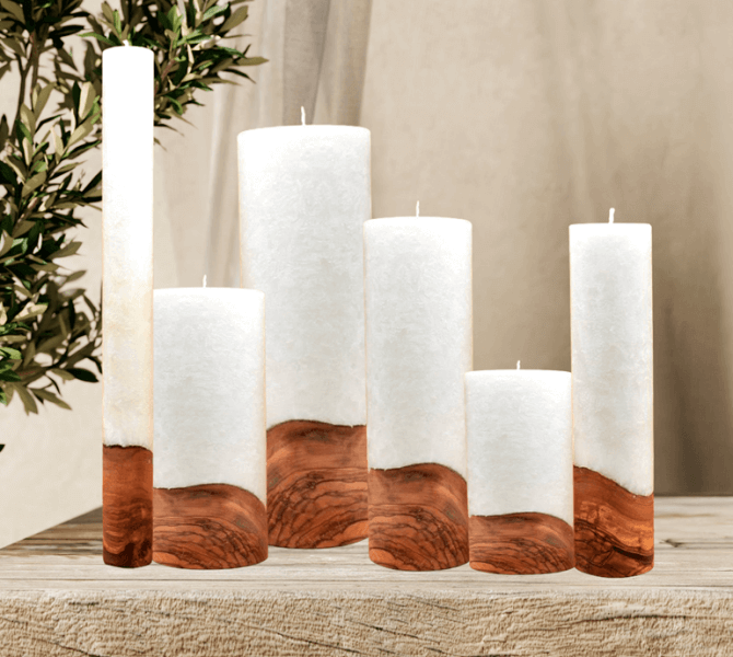 Kerze mit Holzelement, Individuelle, persönliche Hochzeitskerze  Holzkerze, Rund Stearinoptik, Hochzeitskerze mit Teelicht im Kerzen online Shop für Hochzeiten bestellen, günstig kaufen.
