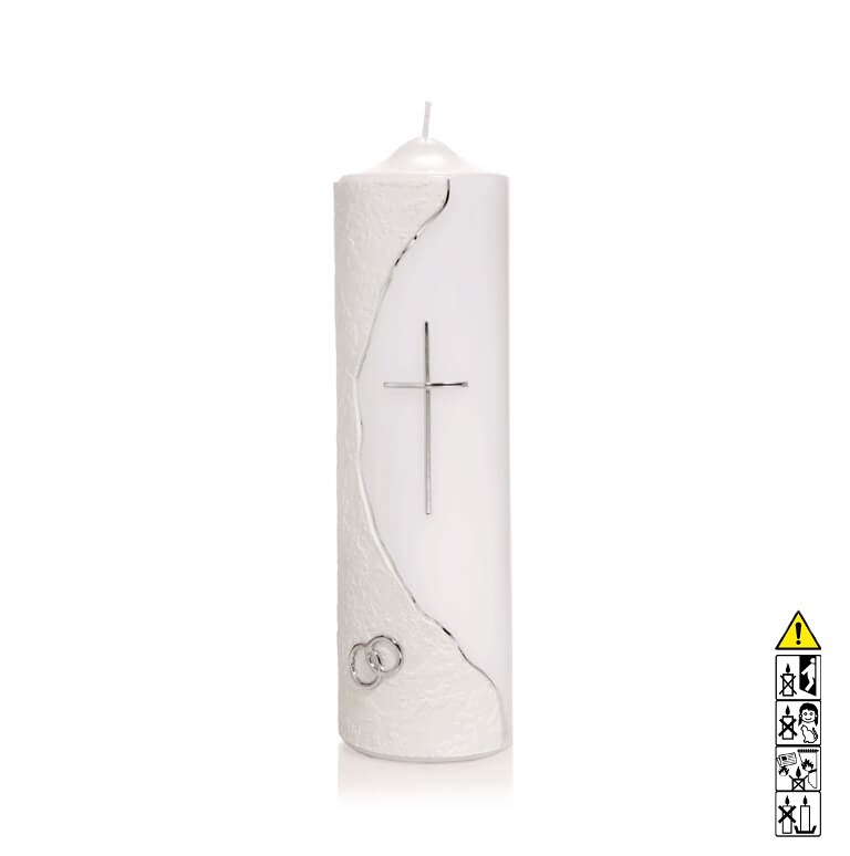 Hochzeitskerze mit weißer und silbener Verzierung 250 x 70 mm in weiss Individuelle Hochzeitskerze kaufen für die Trauung mit weißer und silbener Verzierung 250 x 70 mm in weiss