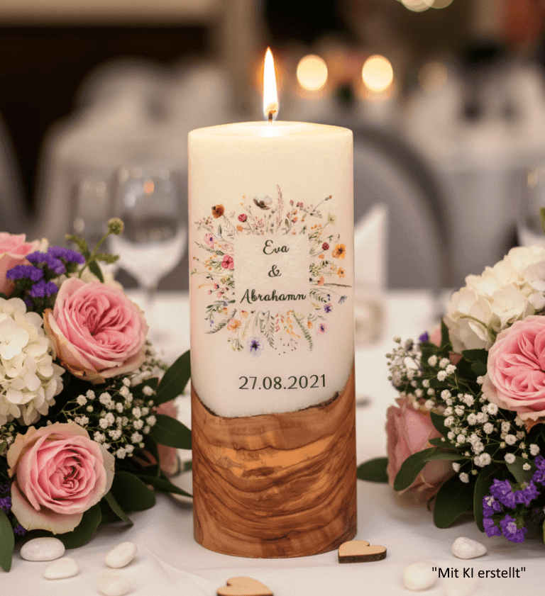 "Blumen Rahmen" 25 cm Hochzeitskerze mit Holzelement