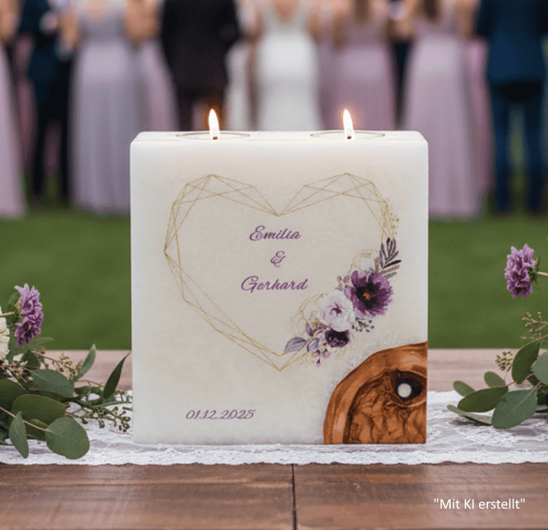 "Herz in Lila" Hochzeitskerze mit 1 Holzelement und 2 Teelichter 20 x 20 cm