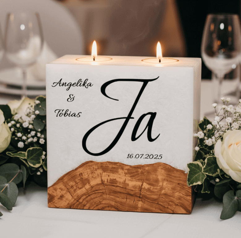 "Ja" Hochzeitskerze mit Sockel und 2 Teelichter 20 x 20 cm