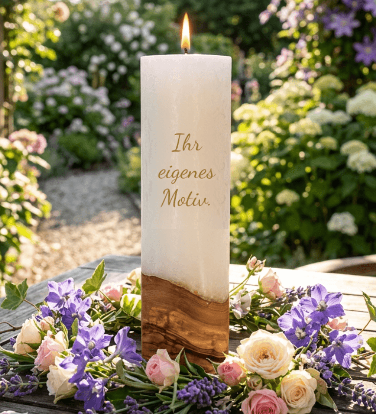 Hochzeitskerze 7 x 25 cm mit Holzelement "selbst gestalten"