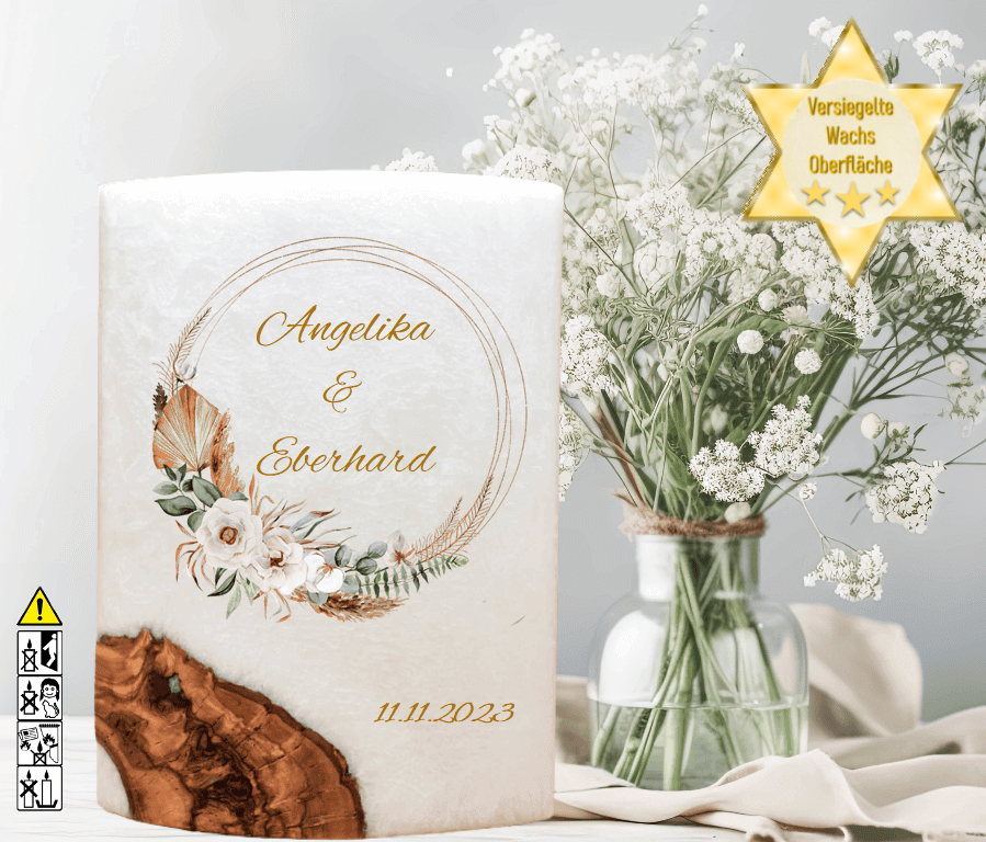 "Rustica Kranz" Hochzeitskerze mit Holzelement 14 x 21 cm oval mit Teelicht oder Docht "Rustica Kranz" Hochzeitskerze mit Holzelement 14 x 21 cm oval mit Teelicht oder Docht