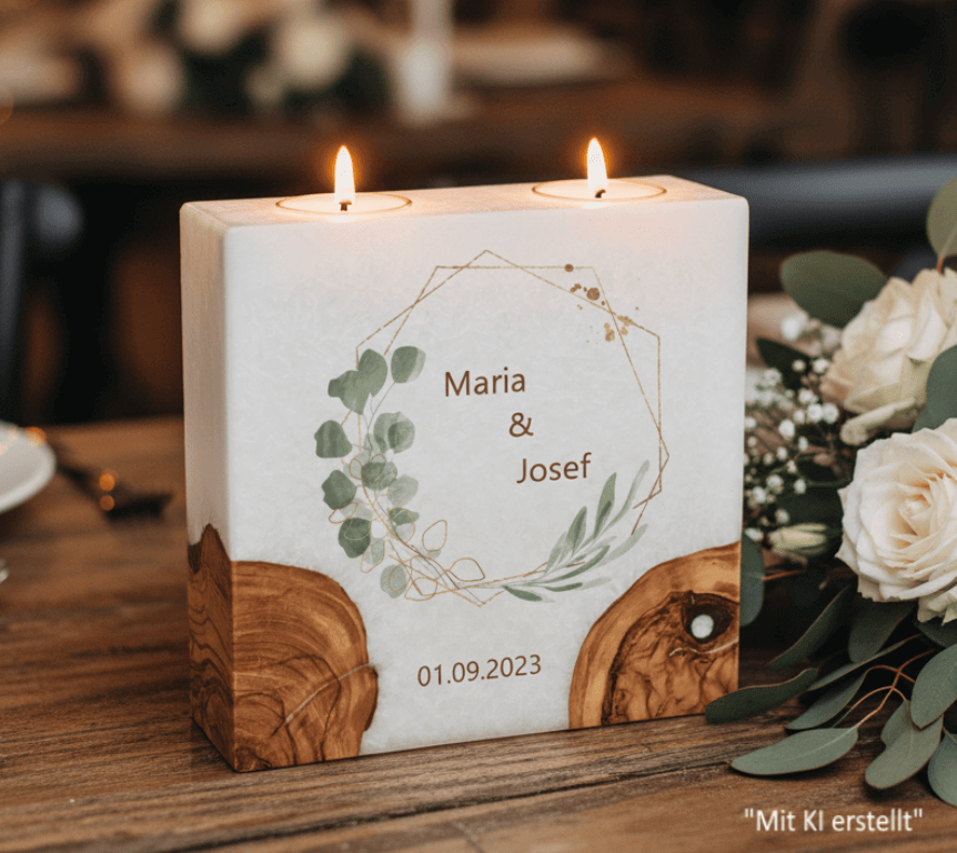 Hochzeitskerze Eukalyptus und Oliven mit 2 Holzelementen und 2 Teelichter 20 x 20 cm