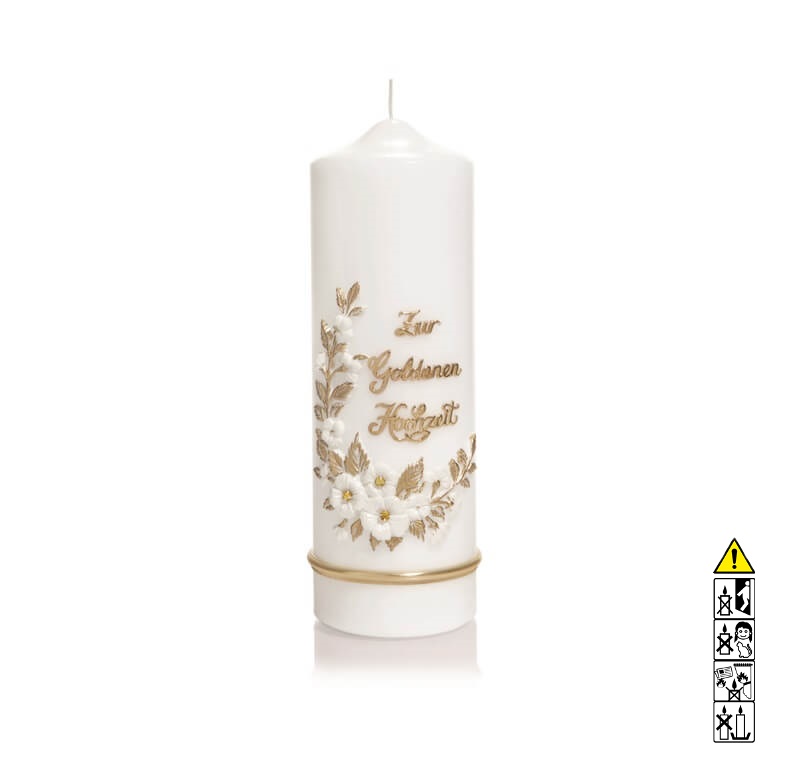 Individuelle Hochzeitskerze kaufen "Zur Goldenen Hochzeit" Blüten auf Goldblättern 240 x 80 mm in weiss