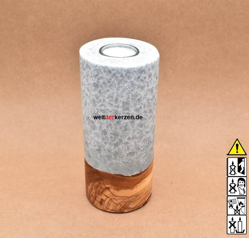 Kerze mit Holzelement, Unikat Holzkerze, Rund Stearinoptik, Kerze mit Teelicht Nummer 125