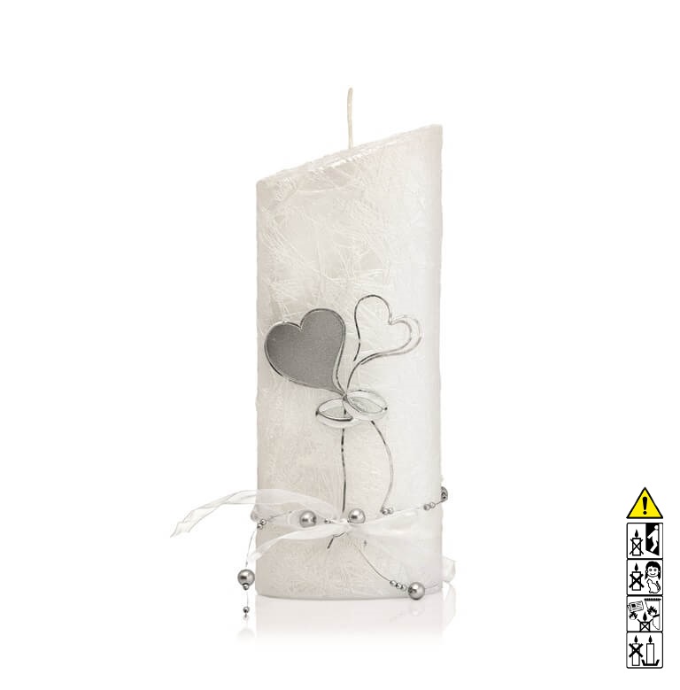 Hochzeitskerze Perlmutt, weiß Zwei fliegende Herzen in silber 220 x 85 mm Individuelle Hochzeitskerze kaufen für die Trauung Perlmutt, weiß Zwei fliegende Herzen in silber 220 x 85 mm
