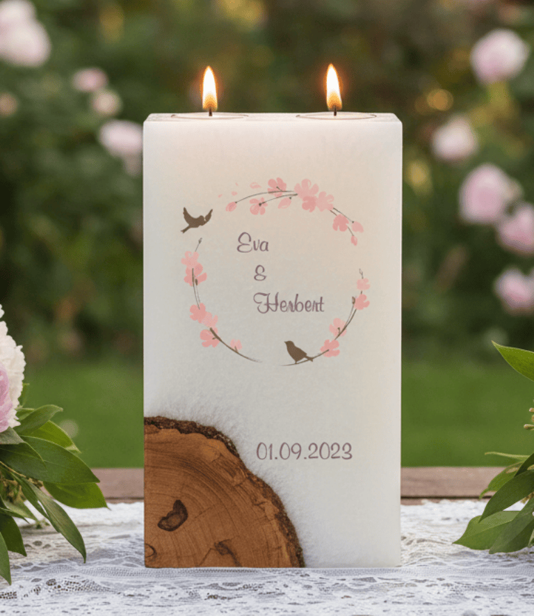 "Vogelpaar Nr.:2" Hochzeitskerze mit Holz und 2 Teelichter 14 x 21 cm