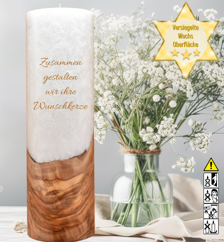 Hochzeitskerze 10 x 30 cm mit Holzelement "selbst gestalten"