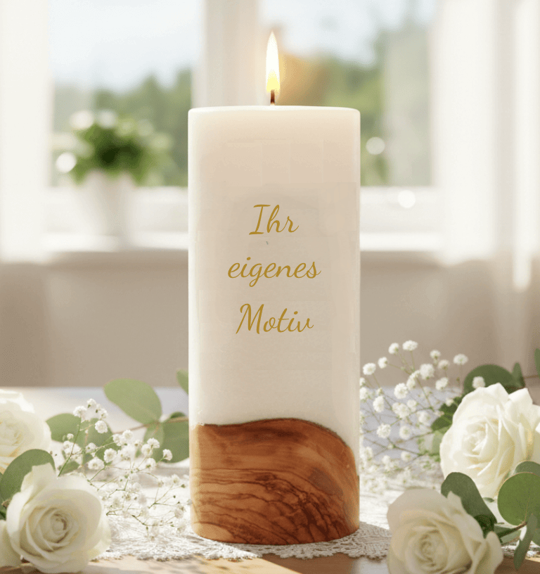Hochzeitskerze 10 x 30 cm mit Holzelement "selbst gestalten"