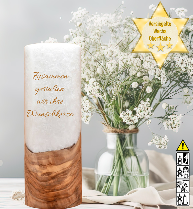 Hochzeitskerze 10 x 25 cm mit Docht und Holzelement "selbst gestalten"