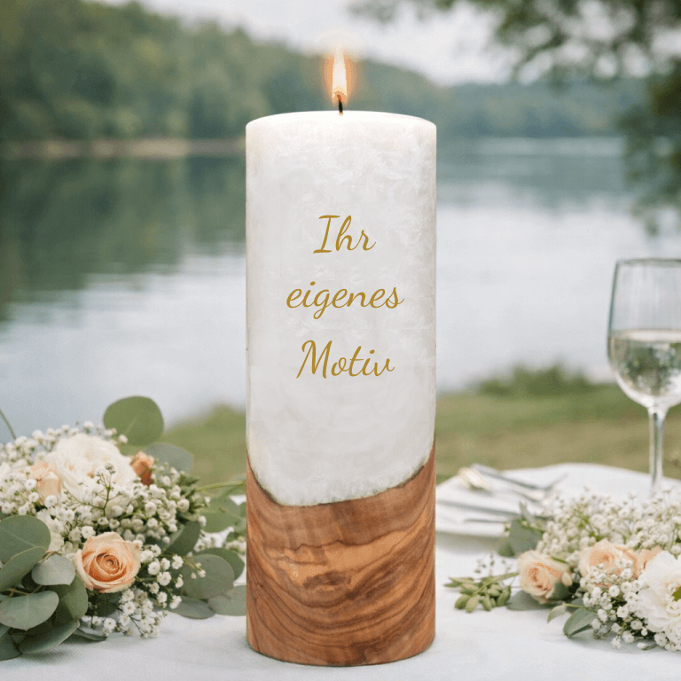 Hochzeitskerze 10 x 25 cm mit Docht und Holzelement "selbst gestalten"