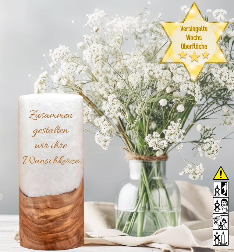 Hochzeitskerze 10 x 20 cm mit Docht und Holzelement "selbst gestalten" Hochzeitskerze 10 x 20 cm mit Docht und Holzelement "selbst gestalten"