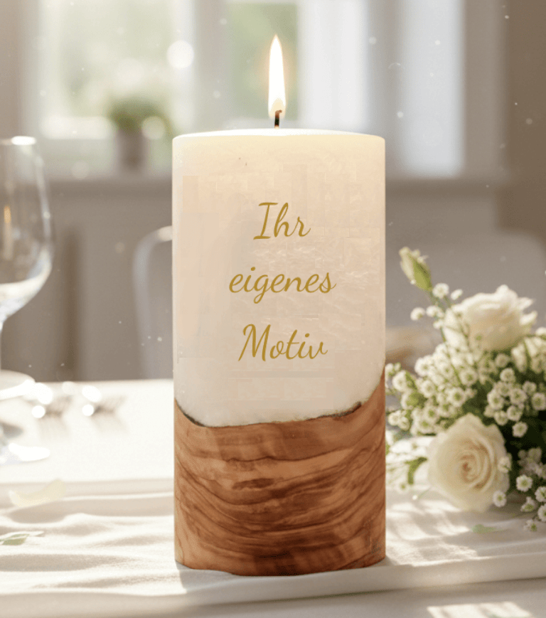 Hochzeitskerze 10 x 20 cm mit Docht und Holzelement "selbst gestalten"