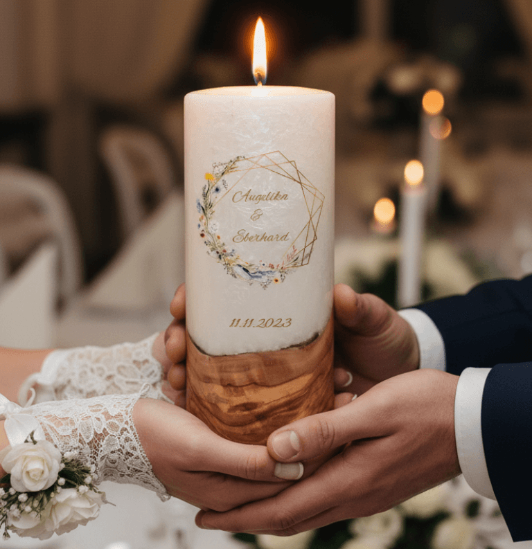 "Frühlingsblumen Kranz" 25 cm Hochzeitskerze mit Holzelement