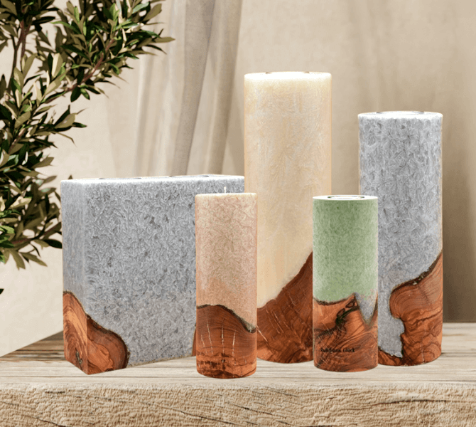 Kerze mit Holzelement, Individuelle, persönliche Hochzeitskerze  Holzkerze, Rund Stearinoptik, Hochzeitskerze mit Teelicht im Kerzen online Shop für Hochzeiten bestellen, günstig kaufen.