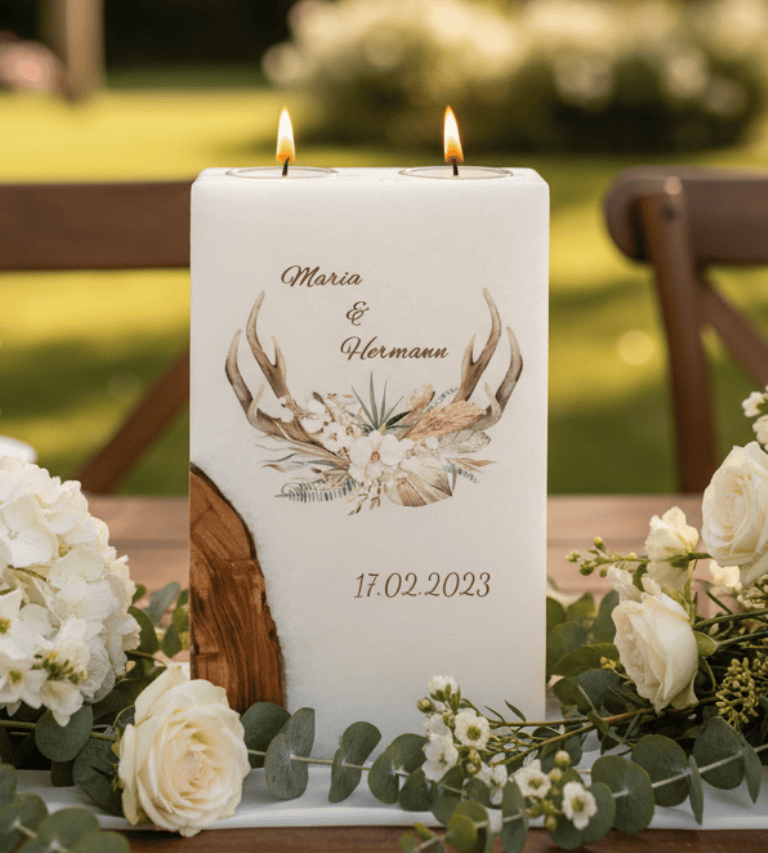 "Jäger" Hochzeitskerze mit Holz und 2 Teelichter 14 x 21 cm