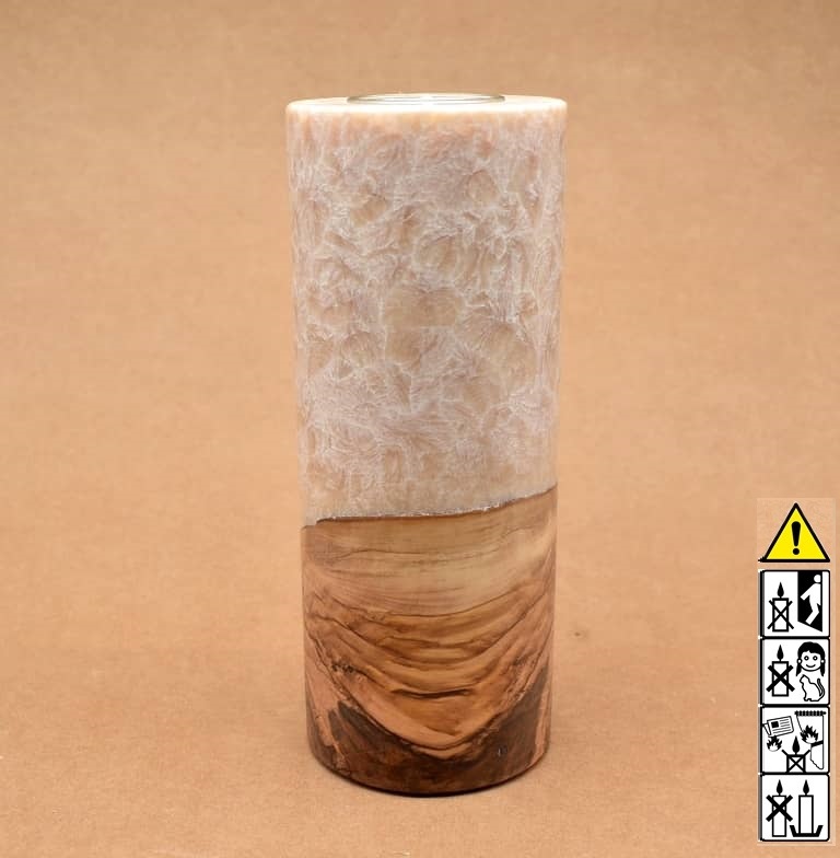Kerze mit Holz Unikat Rund 80 x 200 mm mit Teelicht in beige Nr.: 2
