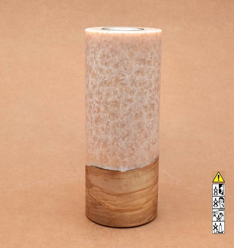 Kerze mit Holz Unikat Rund 80 x 200 mm mit Teelicht in beige Nr.: 2