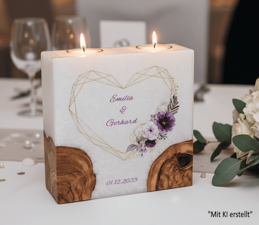 "Herz in Lila" Hochzeitskerze mit 2 Holzelementen und 2 Teelichter 20 x 20 cm