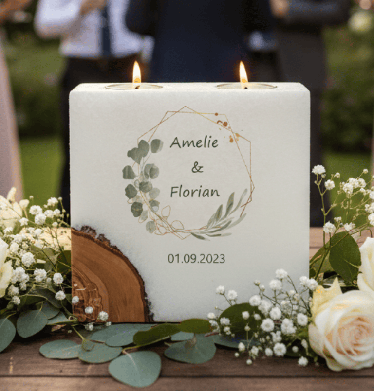 Hochzeitskerze Eukalyptus und Oliven mit 1 Holzelement und 2 Teelichter 20 x 20 cm