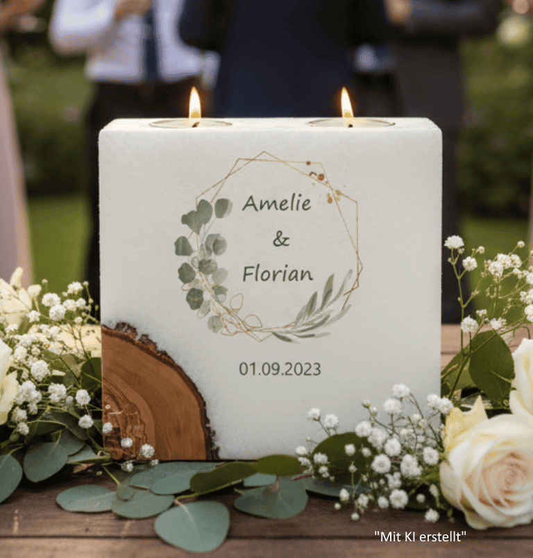 Hochzeitskerze Eukalyptus und Oliven mit 1 Holzelement und 2 Teelichter 20 x 20 cm