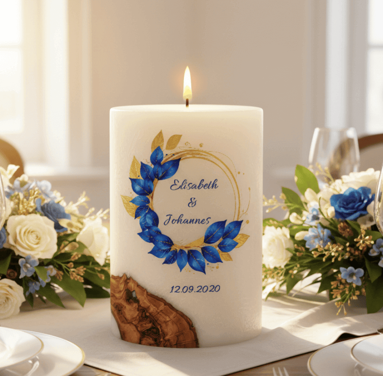 "Eukalyptus Blau" Hochzeitskerze mit Holzelement. 14 x 21 cm oval mit Teelicht oder Docht