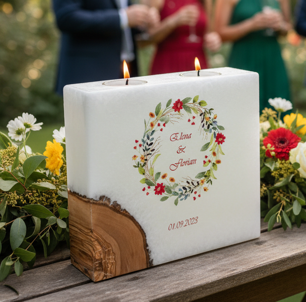 Hochzeitskerze Blumenkranz mit 1 Holzelement und 2 Teelichter 20 x 20 cm