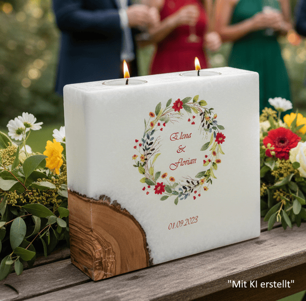 Hochzeitskerze Blumenkranz mit 1 Holzelement und 2 Teelichter 20 x 20 cm